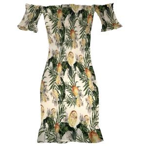 White Lemon Palm Print Smocked Off Shoulder Dress - Medium